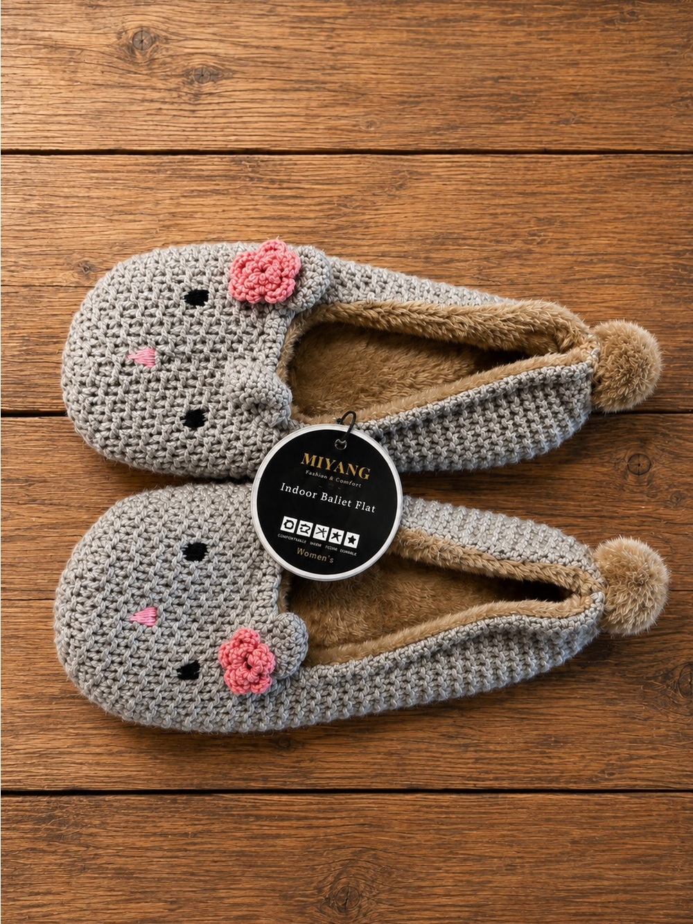 MIYANG Crochet Bunny Slippers Gray Faux Fur Ballet Flats NWT Women’s XL